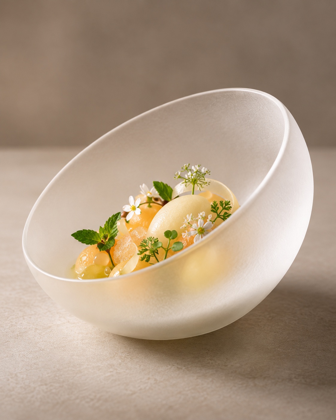 Postre de melón en cerámica blanca inclinada